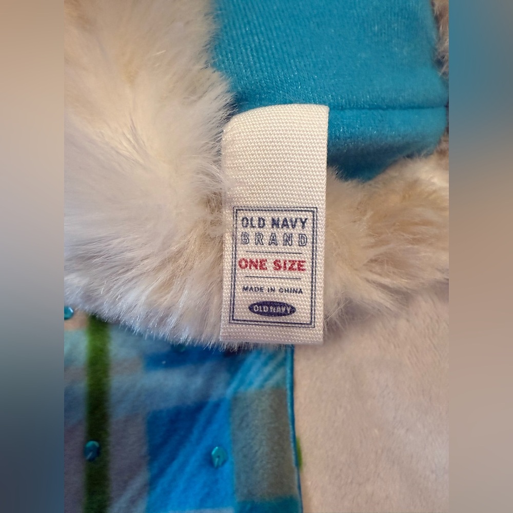 Old Navy Blue, White & Green Plaid Christmas Holiday Stocking Faux Fur Sequins - Picture 5 of 8